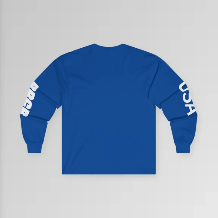 Royal, long sleeved tee with white font on left and right sleeves. The word "USA" is on the right sleeve, and the letters "BBGB" are on the left sleeve. (Backside of tee).