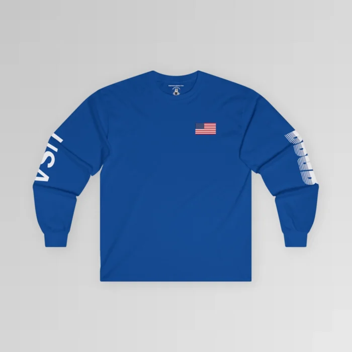 The frontside of the Royal BBGB USA Long Sleeve Tee, with an American Flag on the front left breast section, and the letters "USA" on the right sleeve, and "BBGB" on the left sleeve. The Letters "BBGB" have transparent lines going through the lower portion of the letters.