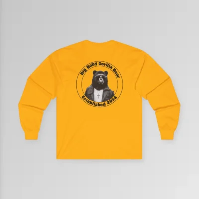 Backside of the Big Baby Gorilla Bear Classic Long Sleeve Tee, with the Big Baby Gorilla Bear Logo super-imposed on the upper back of the tee. Color: Gold.