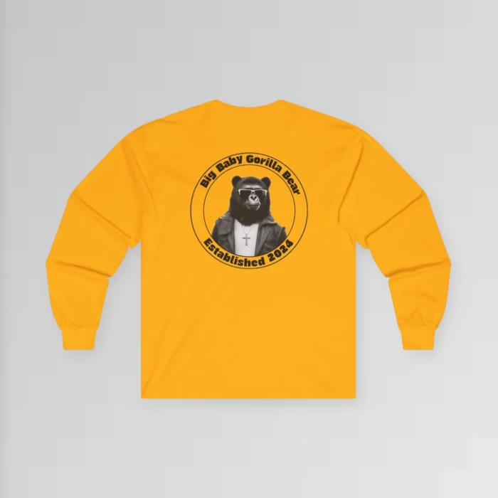 Backside of the Big Baby Gorilla Bear Classic Long Sleeve Tee, with the Big Baby Gorilla Bear Logo super-imposed on the upper back of the tee. Color: Gold.