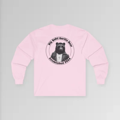 Backside of the Big Baby Gorilla Bear Classic Long Sleeve Tee, with the Big Baby Gorilla Bear Logo super-imposed on the upper back of the tee. Color: Pink.