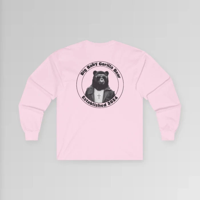 Backside of the Big Baby Gorilla Bear Classic Long Sleeve Tee, with the Big Baby Gorilla Bear Logo super-imposed on the upper back of the tee. Color: Pink.