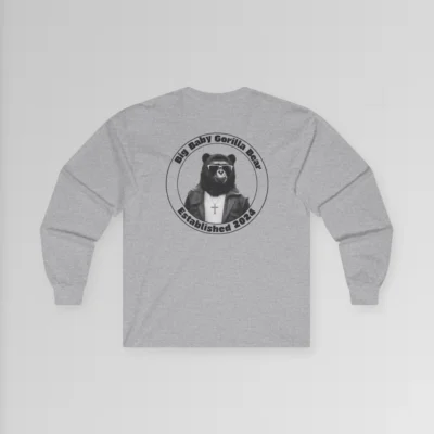 Backside of the Big Baby Gorilla Bear Classic Long Sleeve Tee, with the Big Baby Gorilla Bear Logo super-imposed on the upper back of the tee. Color: Sport Grey.