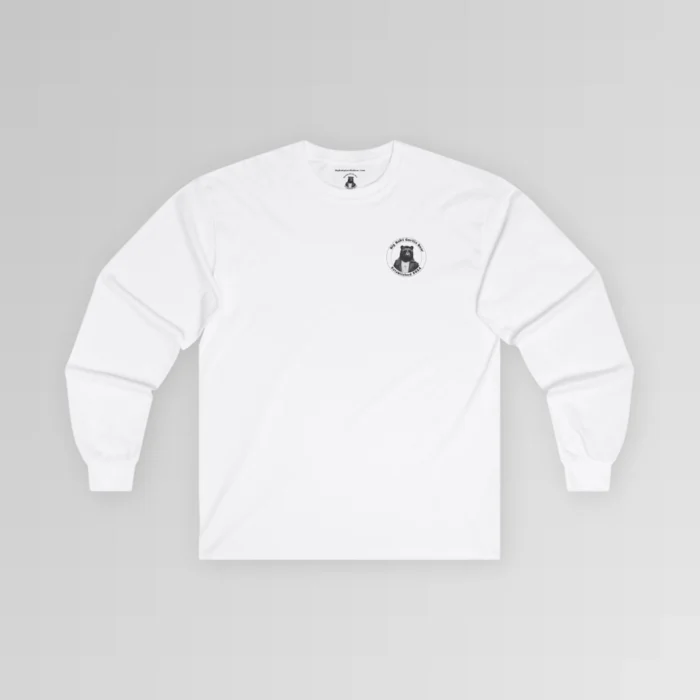 White, Long Sleeve Tee with the Big Baby Gorilla Bear Logo on the front left breast of the shirt.