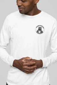 Male model wearing the Big Baby Gorilla Bear Classic Long Sleeve Tee (white), with the Big Baby Gorilla Bear logo on the left front breast. Frontside of Tee.