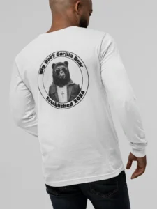 Male model showcasing the backside of the Big Baby Gorilla Bear Classic Long Sleeve Tee (white), with the Big Baby Gorilla Bear logo super-imposed on the back of the shirt.