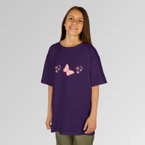 A child model wearing the child "Butterflies and Dragonflies" purple tee from BigBabyGorillaBear.Com.