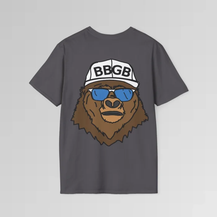 The back of a charcoal colored shirt, with the Big Baby Gorilla Bear Mascot's face, wearing a white ball cap, and blue and white shades, super imposed on the back of a tee shirt.