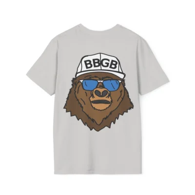 The back of a ice grey colored shirt, with the Big Baby Gorilla Bear Mascot's face, wearing a white ball cap, and blue and white shades, super imposed on the back of a tee shirt.