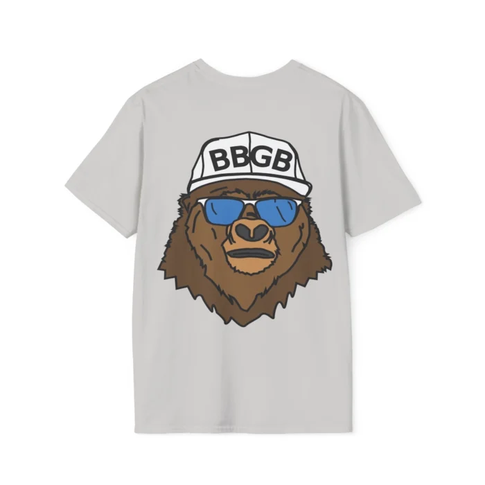 The back of a ice grey colored shirt, with the Big Baby Gorilla Bear Mascot's face, wearing a white ball cap, and blue and white shades, super imposed on the back of a tee shirt.