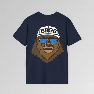 The back of a navy colored shirt, with the Big Baby Gorilla Bear Mascot's face, wearing a white ball cap, and blue and white shades, super imposed on the back of a tee shirt.