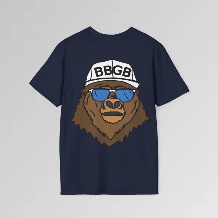 The back of a navy colored shirt, with the Big Baby Gorilla Bear Mascot's face, wearing a white ball cap, and blue and white shades, super imposed on the back of a tee shirt.