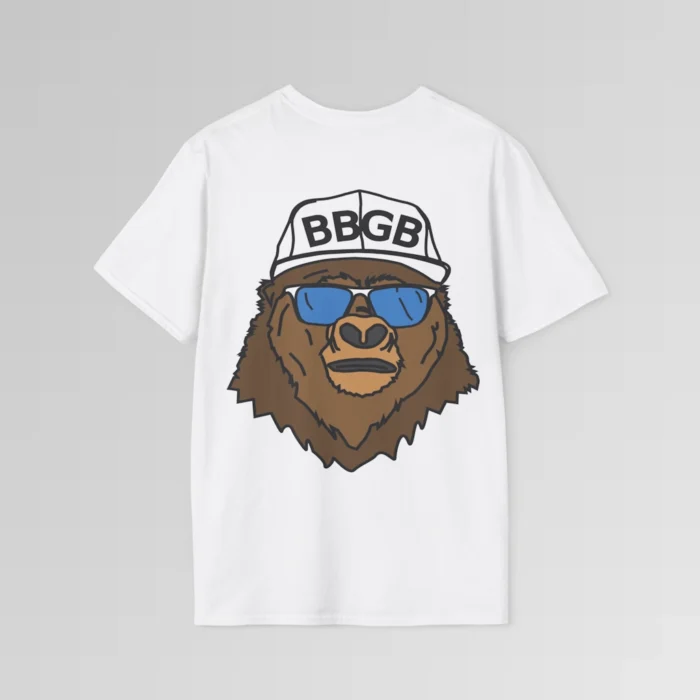 The back of a white colored shirt, with the Big Baby Gorilla Bear Mascot's face, wearing a white ball cap, and blue and white shades, super imposed on the back of a tee shirt.