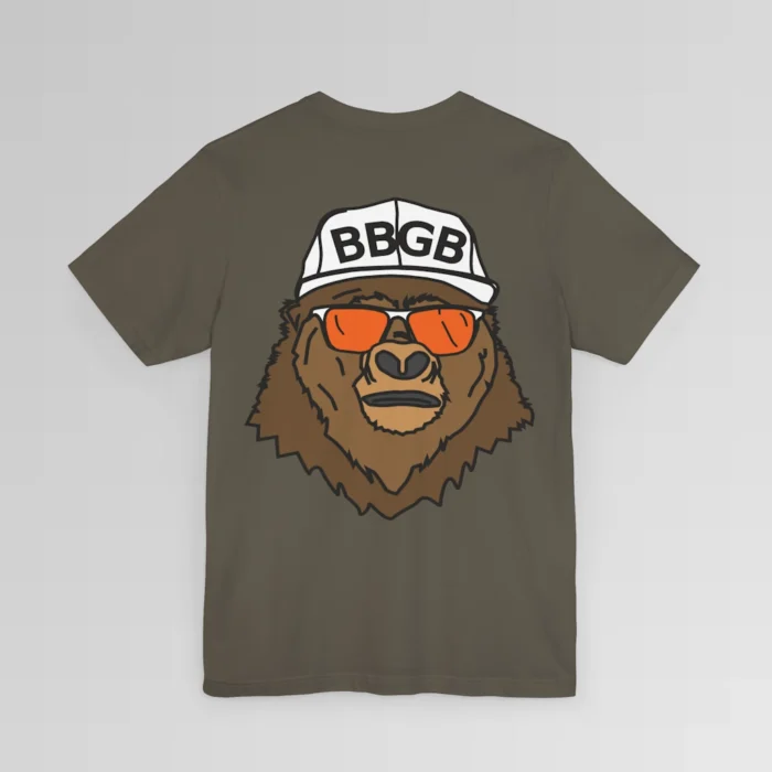 The back of a army colored shirt, with the Big Baby Gorilla Bear Mascot's face, wearing a white ball cap, and orange and white shades, super imposed on the back of a tee shirt.