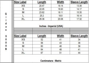 Tabled T-shirt Size Chart (XS-XL) for Gildan 5000B Youth Tee.