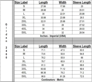 Tabled T-shirt Size Chart (S-5XL) for Gildan 2400 Long Sleeved Tee.