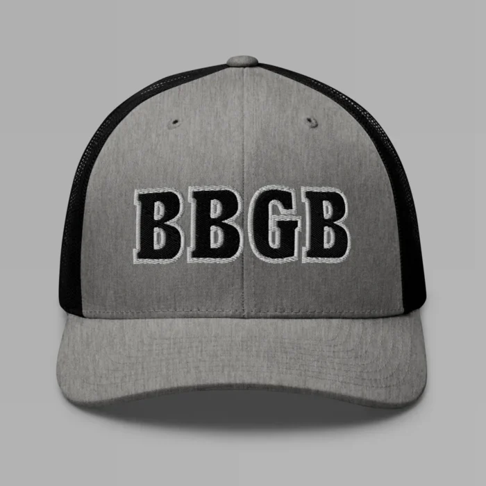 A heather and black hat with the letters "BBGB" embroidered on the front in black thread, with a white border, on a trucker cap with a mesh back.