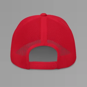 The back of a red mesh back trucker cap.