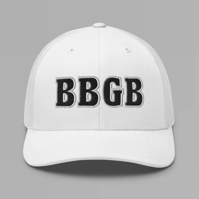 A white hat with the letters "BBGB" embroidered on the front in black thread, with a white border, on a trucker cap with a mesh back.