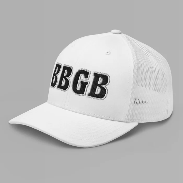 A white hat with the letters "BBGB" embroidered on the front in black thread, with a white border, on a trucker cap with a mesh back. (Left Side View)