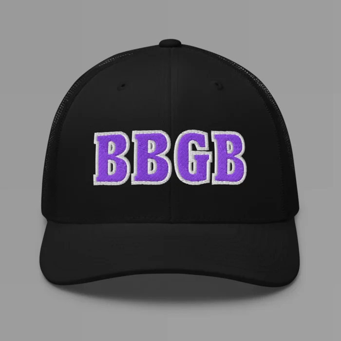 A black hat with the letters "BBGB" embroidered on the front in purple thread, with a white border, on a trucker cap with a mesh back.