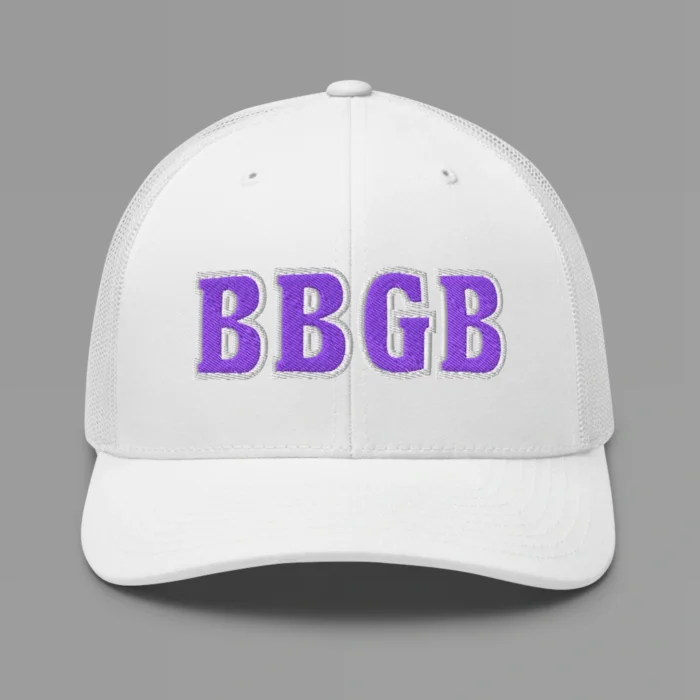 A white hat with the letters "BBGB" embroidered on the front in purple thread, with a white border, on a trucker cap with a mesh back.