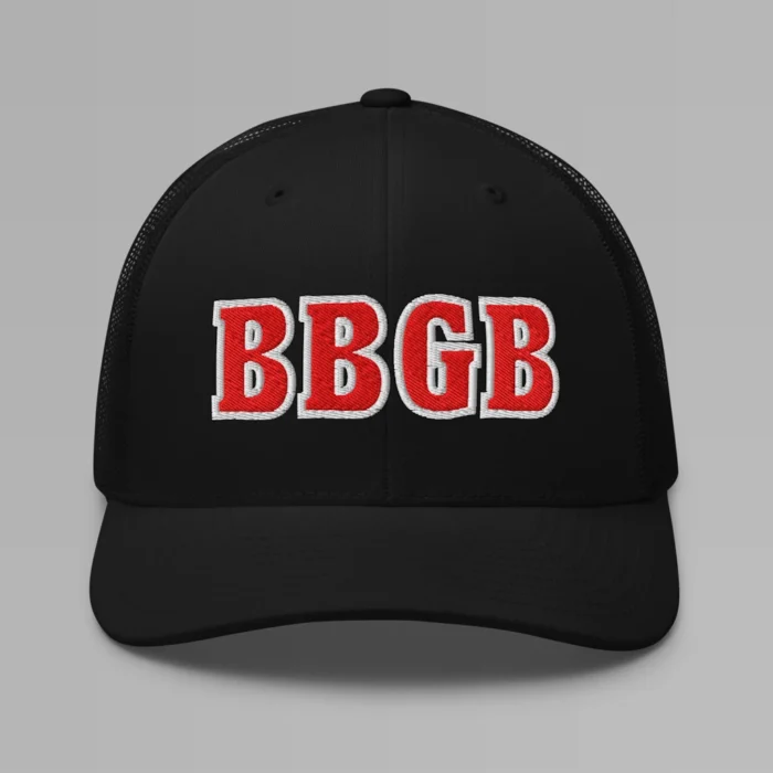 A black hat with the letters "BBGB" embroidered on the front in red thread, with a white border, on a trucker cap with a mesh back.