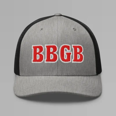 A heather and black hat with the letters "BBGB" embroidered on the front in red thread, with a white border, on a trucker cap with a mesh back.