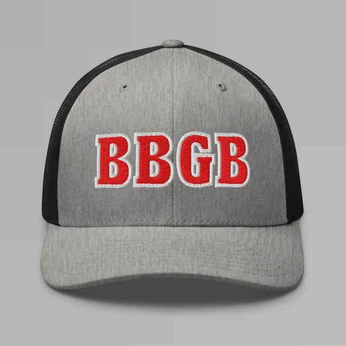 A heather and black hat with the letters "BBGB" embroidered on the front in red thread, with a white border, on a trucker cap with a mesh back.