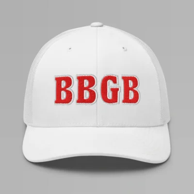 A white hat with the letters "BBGB" embroidered on the front in red thread, with a white border, on a trucker cap with a mesh back.