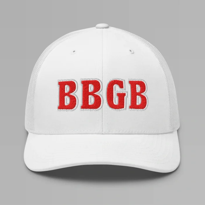 A white hat with the letters "BBGB" embroidered on the front in red thread, with a white border, on a trucker cap with a mesh back.