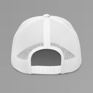 The back of a white mesh back trucker cap.
