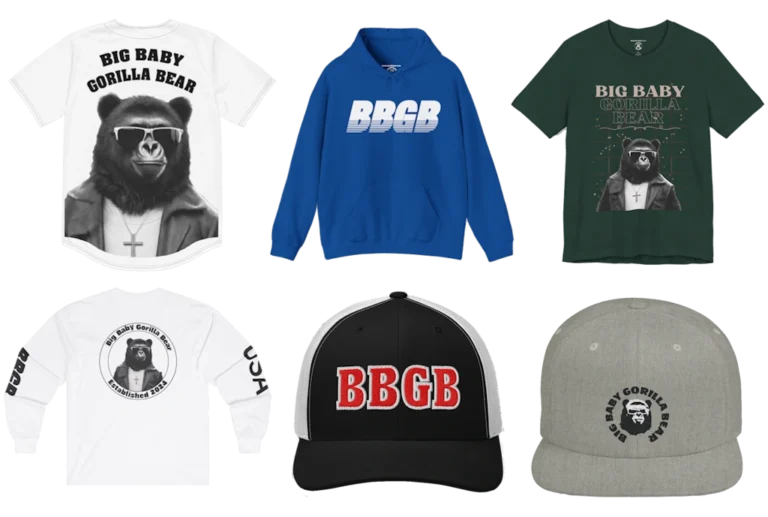 A collection of Big Baby Gorilla Bear Products (tees, hats, hoodies, a Jersey), as an image used for one of our Giveaways.