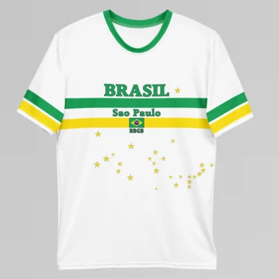 The frontside of the Sao Paulo Brasil Luxurious Tee, with a green collar, green and yellow sleeve stripes, and green and yellow bands on the front.. The words "Brasil" and "Sao Paulo" are above and below the green band. The Brazilian Flag is in the center of the yellow band. "BBGB" is beneath the flag. Stars are scattered on the shirt in the pattern similar to the Brazilian flag.