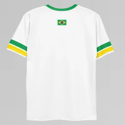 The Sao Paulo Brasil Luxurious Tee (backside) from BigBabyGorillaBear.Com. This shirt is white, with a green collar, green and yellow sleeve stripes, and a Brazilian flag on the back - top, center.