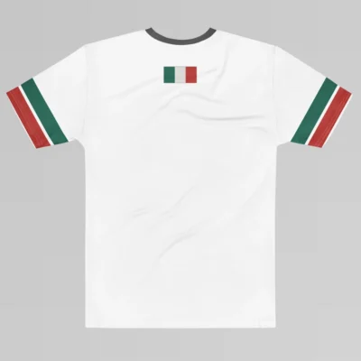 The backside of the Milano Italia Luxurious tee (white), with striped sleeves (red and green), a dark grey collar, and the Italian Flag at the top-center of the tee.