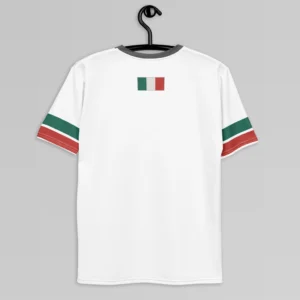 The backside of the Milano Italia Luxurious tee (white), on a hanger, with striped sleeves (red and green), a dark grey collar, and the Italian Flag at the top-center of the tee.