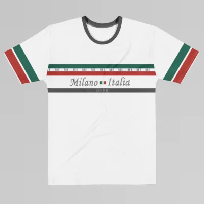 The frontside of a white, Milano Italia Luxurious Tee from BigBabyGorillaBear.Com. The shirt has green and red stripes, the letters "MI", and the words Milano and Italia centered around the Italian flag, with striped sleeves (red and green). There is a dark grey stripe with "BBGB" in the center on the bottom of the chest area.