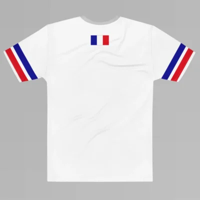 The backside of the Paris France Luxurious Tee from BigBabyGorillaBear.Com. A white shirt, with light grey collar, red and blue striped sleeves, and the France flag top and center on the middle back of the shirt.