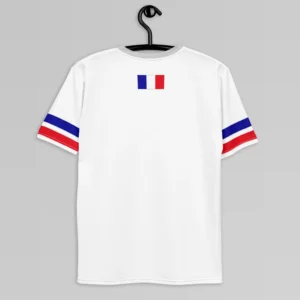 The backside of the Paris France Luxurious Tee from BigBabyGorillaBear.Com. A white shirt, with light grey collar, red and blue striped sleeves, and the France flag top and center on the middle back of the shirt. Shirt is on a hanger.