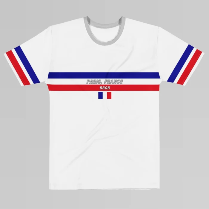 The front of a white Paris France Luxurious Tee from BigBabyGorillaBear.Com. The shirt has he words "Paris, France" in grey font, between a blue and red band going across the chest of the shirt. A white "BBGB" is centered inside the red band, and beneath that is the France flag. The sleeves have a red and blue stripe. The collar is light grey.
