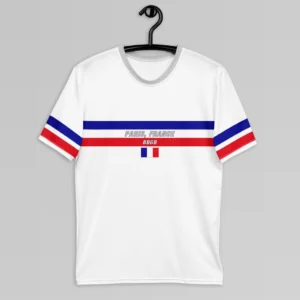 The front of a white Paris France Luxurious Tee from BigBabyGorillaBear.Com. The shirt has he words "Paris, France" in grey font, between a blue and red band going across the chest of the shirt. A white "BBGB" is centered inside the red band, and beneath that is the France flag. The sleeves have a red and blue stripe. The collar is light grey. Shirt is on a hanger.