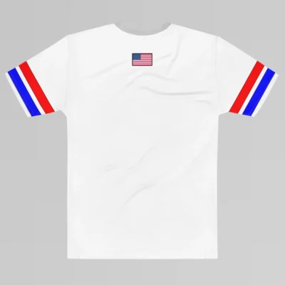 The backside of the New York United States Luxurious Tee. The shirt has a light grey collar, red and blue stripes on the sleeves with a black outline, and the American flag in the top, center of the tee.