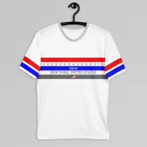 The front of the New York United States Luxurious Tee from BigBabyGorillaBear.Com, on a hanger. The shirt has three bands across the chest (red, blue, and dark grey). Light grey stars span across and in between the red and blue bands. a white "BBGB" is centered inside the blue band. Light grey "New York, United States" is centered between the blue and dark grey bands. in the center of the dark grey band is a small American flag, centered. The sleeves have red and blue stripes, with a black outline.